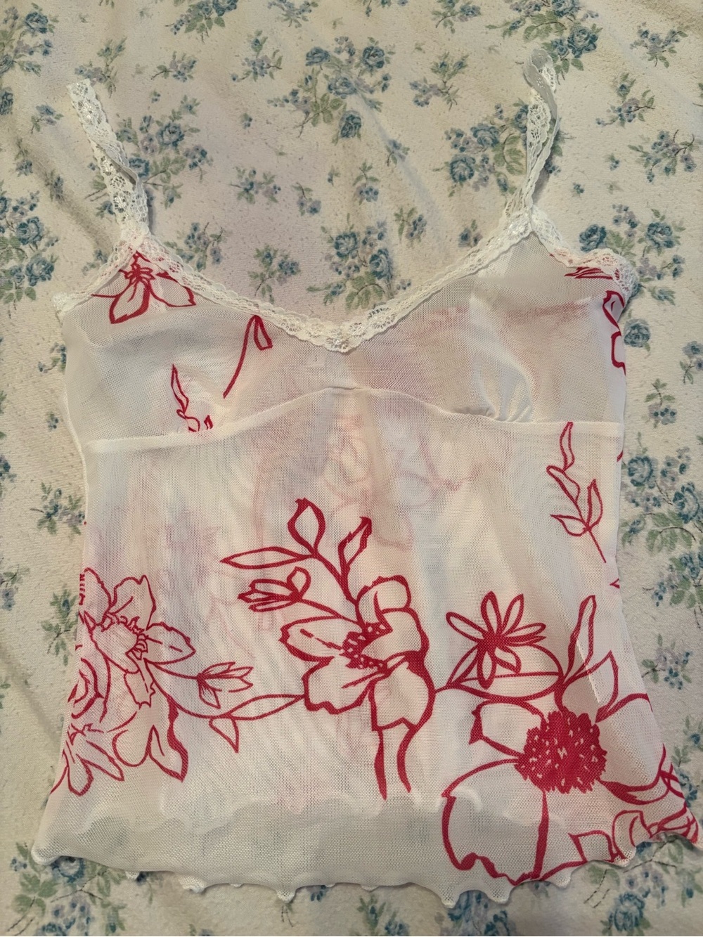 Sheer White Lace-Trim Floral Camisole - Red Floral
